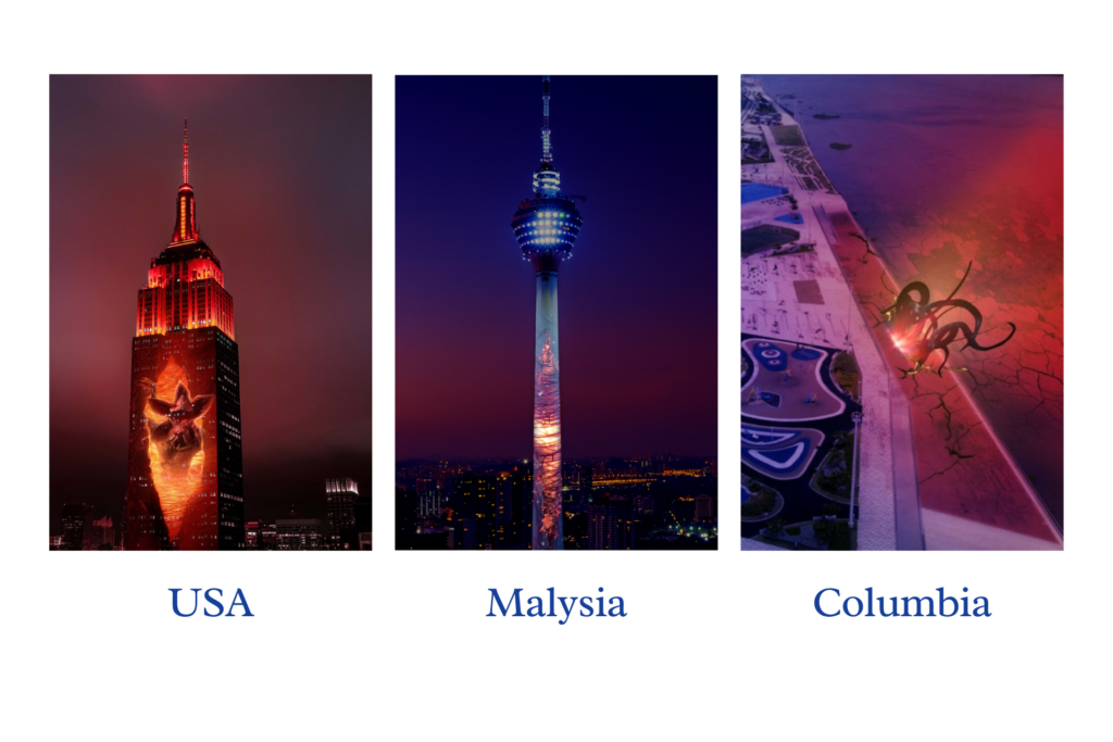 Stranger Things S4 promotional portals on the empire state building in US and notable buildings in Malaysia and Columbia 